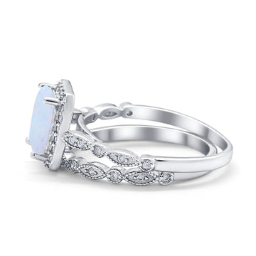 Two Piece Emerald Cut Bridal Set Engagement Wedding Ring Band Lab Created White Opal 925 Sterling Silver